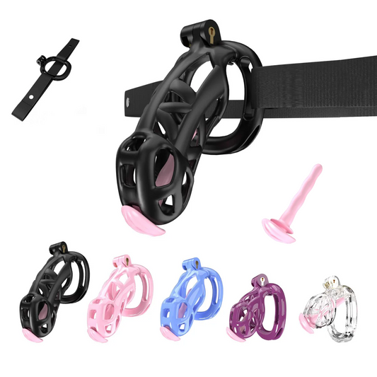 Mamba Chastity Cage With Belt and Urethal pink resin front view