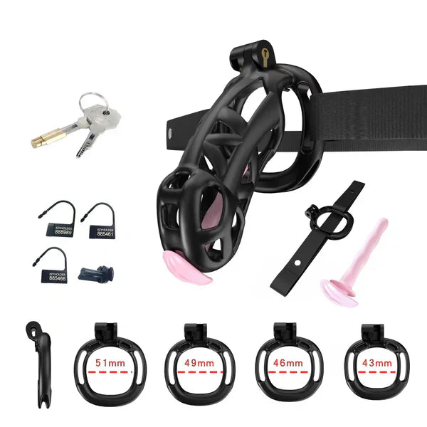 Mamba Chastity Cage With Belt and Urethal pink resin material close-up