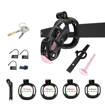 Mamba Chastity Cage With Belt and Urethal pink resin lock and ring details