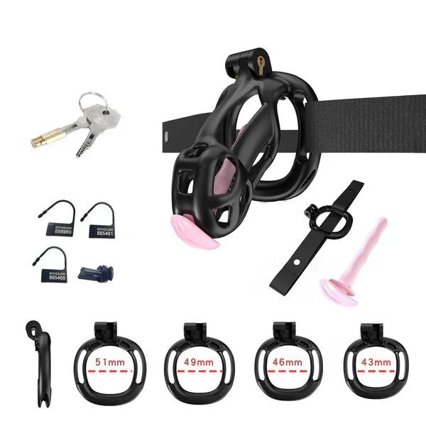 Mamba Chastity Cage With Belt and Urethal pink resin kit details
