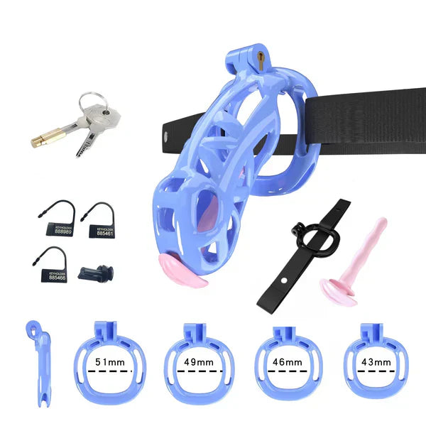 Mamba Chastity Cage With Belt and Urethal pink resin size comparison